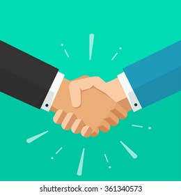 Shaking hands business vector illustration with abstract rays, symbol of success deal, happy partnership, greeting shake, handshaking agreement flat sign modern design isolated on green background
