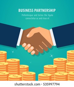 Shaking hands business vector illustration over money stacks. Symbol of success deal, happy partnership icon, greeting shake, casual handshaking agreement flat sign design isolated on green background