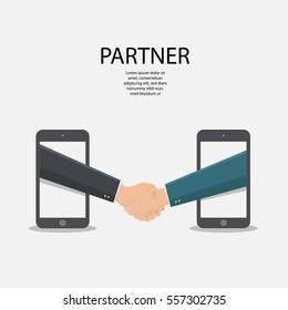 Shaking hands business vector illustration with abstract rays, symbol of success deal, happy partnership, casual handshaking agreement flat sign,on phone,teamwork.