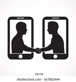 Shaking hands business vector illustration with abstract rays, symbol of success deal, happy partnership, casual handshaking agreement flat sign,on phone.