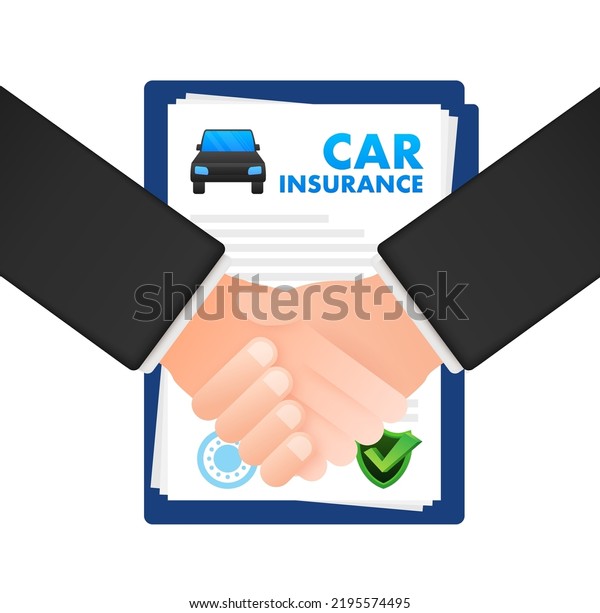 Shaking hands. Car\
insurance contract document over hands. Shield icon. Protection.\
Vector stock\
illustration