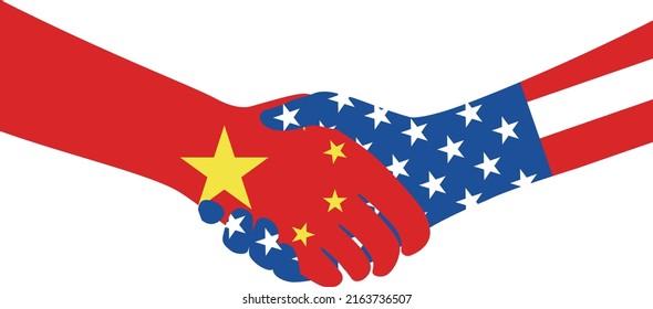 Shaking hands, China and American national flags