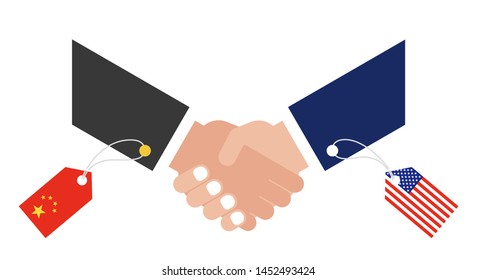 Shaking hands with China flag tag and United states flag tag vector