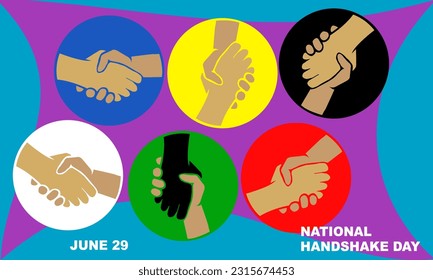 shaking hands in colorful circles in various positions and bold text commemorating National Handshake Day