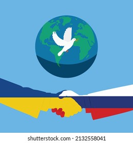 shaking hands with colors of the flags of Ukraine and Russia next to the world and flying dove with laurel in its mouth on light blue background