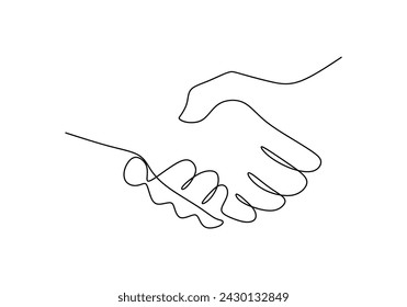 Shaking hands in continuous one line art drawing. Vector illustration of relationship and business agreement.