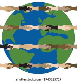 Shaking hands of different colors over the Earth vector illustration. Come together concept.