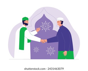 Shaking hands with fellow Muslims when the eve of Eid arrives, vector illustration.