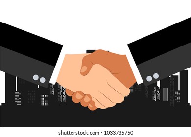 Shaking hands flat design concept. Handshake, business agreement. partnership concepts. Two hands of businessman shaking. Vector illustration on blue urban city background.