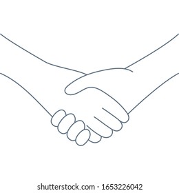 Shaking hands. Friend welcome, introduction, friendship, partnership, finishing up a meeting, contract or agreement concept. Line clean isolated vector illustration on white.
