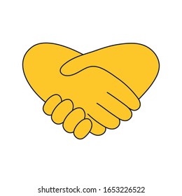 Shaking hands. Friend welcome, introduction, friendship, partnership, finishing up a meeting, contract or agreement concept. Line yellow isolated vector illustration on white.