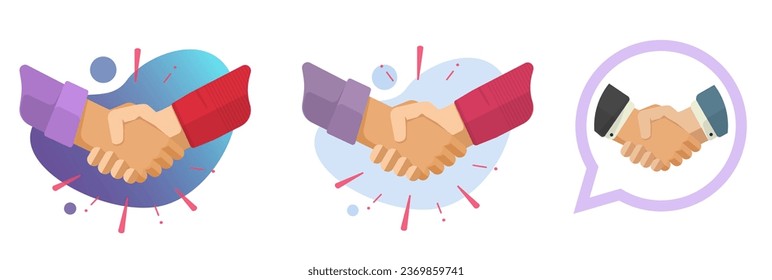 Shaking hands handshake icon vector graphic illustration, strong partnership deal agreement greeting modern flat cartoon design, trust respect hello friends handclasp image clipart set