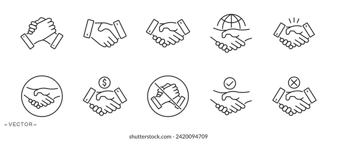 shaking hands icons collection, Agreement meeting commitment line icon style, financial cooperation, Shaking hands for agreement contract, partnership, teamwork, global teamwork, business greetings.