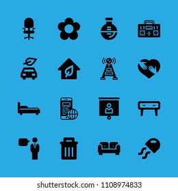 shaking hands inside a heart, desk chair, eco house, electric car, smartphone, cupboard, radio, sofa and jellyfish vector icon. Simple icons set