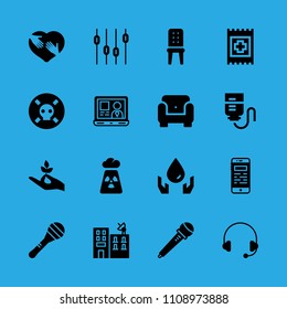 shaking hands inside a heart, smartphone, poison, building, radiation, armchair, maraca, levels and microphone vector icon. Simple icons set