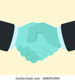 Shaking hands in latex gloves, virus protection, isolated background. Hand protection from coronavirus. Vector illustration, flat design, cartoon style.