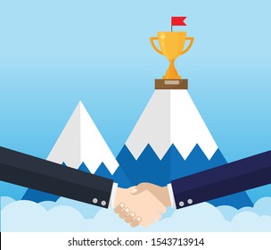 ฺBusinessman shaking hands on top of mountain. Partner handshake for business. Business collaboration vision. Concept of work success. Vector illustration in flat design.