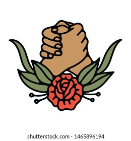 Shaking Hands With Rose. Traditional Tattoo Style. Vector Illustration On Isolated Background