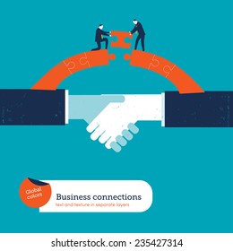 Shaking hands with two businessmen on a puzzle bridge. Vector illustration Eps10 file. Global colors. Text and Texture in separate layers.