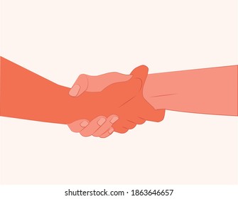 Hände schütteln. Zwei Handgesten. Halte die Hand eines anderen, um flache Vektorgrafik zu unterstützen. Helft einander. Treffen, Partnerschaft, Unterstützung, Freundschaft, Vereinbarung, Liebe, Liebhaber Hände. Hand in Hand