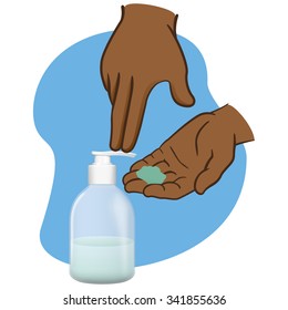 Shaking hands and using liquid soap packing, pump, African descent. Ideal for catalogs, newsletters and catalogs packaging