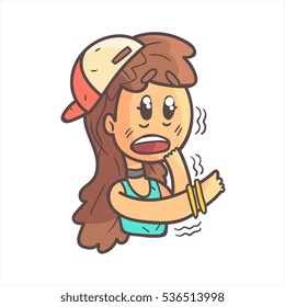 Shaking Scared Girl In Cap, Choker And Blue Top Hand Drawn Emoji Cool Outlined Portrait