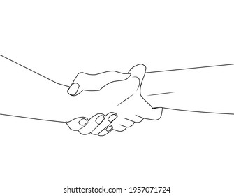 Shaking two hands. Hold someone else's hand line drawing. Helping or supporting each other. Outline icon of meeting, partnership, support, friendship, agreement, love. hand in hand line illustration