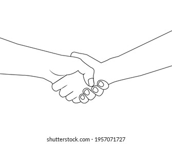 Shaking two hands. Hold someone else's hand line drawing. Helping or supporting each other. Outline icon of meeting, partnership, support, friendship, agreement, love. hand in hand line illustration