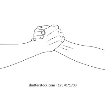 Shaking Two Hands. Hold Someone Else's Hand Line Drawing. Helping Or Supporting Each Other. Outline Icon Of Meeting, Partnership, Support, Friendship, Agreement, Love. Hand In Hand Line Illustration