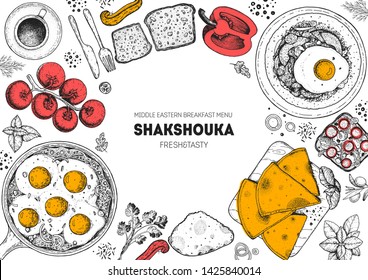 Shakshouka Cooking And Ingredients For Shakshouka, Sketch Illustration. Israeli Breakfast. Arabic Cuisine Frame. Breakfast Menu Design Elements. Shakshuka, Hand Drawn Frame. Middle Eastern Food.