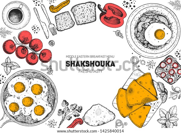 Shakshouka cooking and ingredients for shakshouka,\
sketch illustration. Israeli breakfast. Arabic cuisine frame.\
Breakfast menu design elements. Shakshuka, hand drawn frame. Middle\
eastern food.