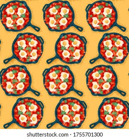 Shakshuka, dish made of poached eggs in a  tomato sauce, served in a cast iron pan with bread. Seamless background pattern. Vector illustration