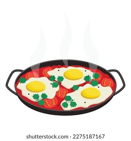 Shakshuka. Fried eggs, in sauce, with tomatoes and spices.