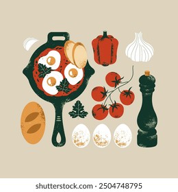 Shakshuka ingredients. Frying pan with eggs and pepper with tomato and bread. Vector illustration