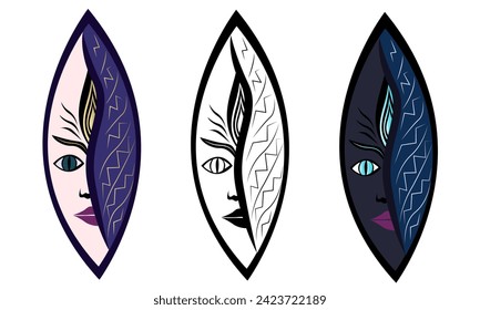 Shakti mask. Goddess of Strength, Divine Mother of the Universe in the form of the face of a beautiful girl in black and white and color, with her face covered. Vector art illustration.