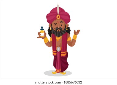 Shakuni is holding a medicine bottle in hand. Vector graphic illustration. Individually on a white background.