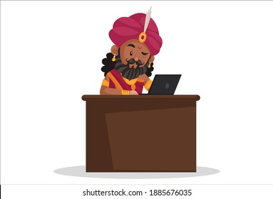 Shakuni is working on a laptop. Vector graphic illustration. Individually on a white background.