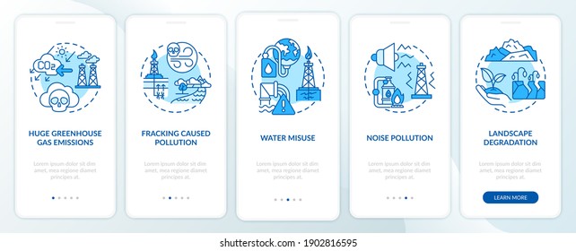 Shale gas threats onboarding mobile app page screen with concepts. Climate justice walkthrough 5 steps graphic instructions. Global warming. UI vector template with RGB color illustrations