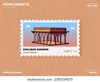 Shalimar Gardens Monument Postage stamp ticket design with information-vector illustration design