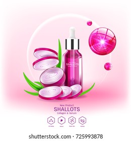 Shallots Extract for Skin Care, Collagen Serum and Vitamin Vector Concept Background Cosmetic Products.