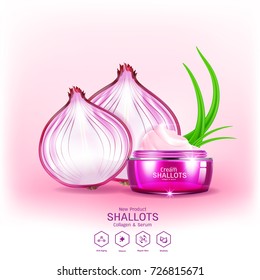 Shallots Extract for Skin Care, Collagen Serum and Vitamin Vector Concept Background Cosmetic Products.