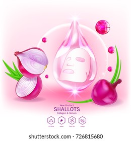 Shallots Extract for Skin Care, Collagen Serum and Vitamin Vector Concept Background Cosmetic Products.