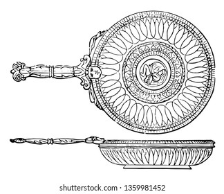 A shallow bowl with decorations, vintage line drawing or engraving illustration.