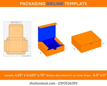 Caja superficial, plantilla dieline, 4,25x3,625x0,75 pulgadas, 