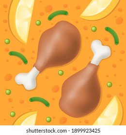 Schwarzer Pan Emoji Muster. Geflügel-Leg - Nahtlose Hintergrundsymbole. Restaurant Paella Food Silhouette Emoticon Gemüse Design Vektor.