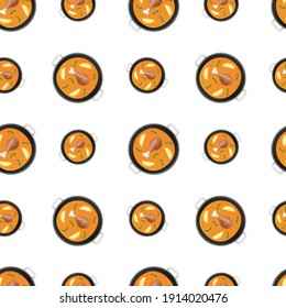 Shallow Pan of Food Emoji Pattern. Traditional Spanish Paella Seamless Background Symbols. Silhouette Emoticon Restaurant Design Vector.