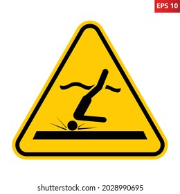 Shallow water sign. Vector illustration of yellow triangle warning sign with diver hitting bottom. Spinal cord injuries concept. Caution diving accident. Danger area with low water level. 