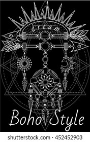 Shaman arrows with sun and moon medallions on the sacred geometry background. Boho chic style.