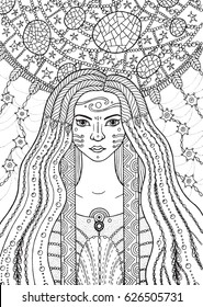 Shaman boho girl with floral and waterdrop hair on plant background. Vector hand drawn  coloring page with witch and dreamcatcher for adult and kids coloring book with fairy tales.