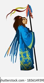 Shaman character in national blue clothes with long staff. Chukchi, Indian. Authentic ritual vector Illustration. The old Indian chief stands and looks into the distance. Isolated